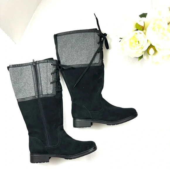 NWOT Clarks Black Lamb Wool Merrian Noble Wide Calf Knee High Riding Boot (9W) - Picture 1 of 15